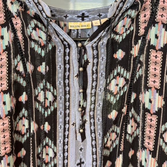 Anthro Holding Horses XS Boho Printed Peasant Dress Metallic Thread Tassel Tie - Picture 4 of 7